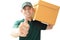 Delivery man carrying a parcel box giving thumbs up