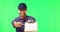 Delivery man, clipboard and signature on green screen, smile on face with logistics and shipping on studio background