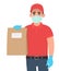 Delivery man or courier boy in safety medical mask, gloves holding parcel pack. Door delivery service during quarantine. Person