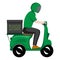 Delivery man courier in green uniform riding a motorcycle. Service deliver food and beverages ready meal at home. Online order