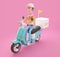 Delivery man drives scooter with clipping path 3D illustration concept. 3D rendering