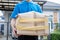 Delivery man Frightened with cardboard box damaged broken accident before delivering to customers