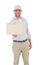 Delivery man giving package on white background