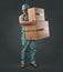 Delivery man in green uniform holding a box