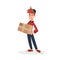 Delivery man holding cardboard parcel box. Fast Delivery service by courier. Vector cartoon character illustration