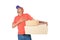 Delivery man holding carton boxes, hand on heart in uniform