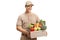 Delivery man holding a crate filled with groceries