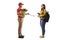 Delivery man holding groceries in a paper bag and giving a document to a female student