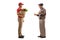 Delivery man holding groceries in a paper bag and listening to an elderly male customer