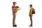 Delivery man holding groceries in a paper bag and talking to a teenage schoolboy