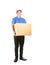Delivery man holding paper container box standing with smiling f