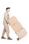 Delivery man moving luggage trolley with cardboard boxes