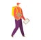 Delivery man in orange vest with parcel walking and holding clipboard. Courier delivering package and carrying yellow