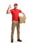 Delivery man with a package gesturing a great sign