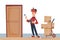 Delivery man with parcels at the door rings the doorbell. Fast Delivery service to the door by courier concept. Cartoon flat