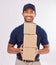 Delivery man portrait, shipping export and box of a employee in studio with courier service and a smile. Boxes, supply