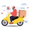 Delivery man in protective face mask riding scooter. Motorcycle courier with medical mask. Coronavirus quarantine online