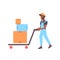 Delivery man pushing cardboard boxes on trolley african american courier with hand truck delivery service concept male