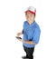 Delivery man ready to writing job list on smart phone isolated w