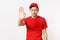 Delivery man in red uniform isolated on white background. Professional serious severe male in cap, t-shirt working as