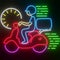 A delivery man riding on a scooter neon signage with black background 3D rendering.