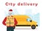 Delivery man in Santa hat and medical mask with parcels in hands, delivery car on the background, new year concept, delivery