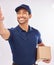 Delivery man, shipping box and smile of a employee in studio with courier service. Happy, retail supply chain and store