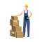 Delivery man with stack of boxes, male cartoon character in courier work uniform