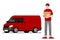 Delivery man stand and holding a goods parcel in front of a delivery van and ready for going to fast express deliver food, product