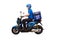 Delivery man wearing blue uniform riding motorcycle and delivery box.