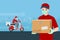 A delivery man who ware mask and rubber gloves get an order from smart phone, delivering a parcel to customer by motorbike and the