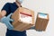 delivery medical box of vaccines from courier man receive package from professional delivery Coronavirus, Covid 19 virus