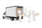 Delivery Men Persons Unloading Cardboard Parcel Boxes from Cargo Van Truck. 3d Rendering