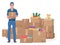 Delivery move service man holding Craft box. Cargo concept vector illustration.