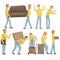 Delivery And Moving Company Employees Carrying Heavy Objects, Delivering Shipments And Helping With Resettlement Set OF