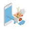 Delivery over the phone. Asian Food. Noodles wok. Vector isometric