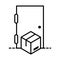 Delivery packaging, cardboard box in door home cargo distribution, logistic shipment of goods line style icon
