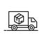 Delivery packaging, truck transport cardboard box cargo distribution, logistic shipment of goods line style icon