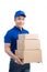 Delivery Person. Asian postman with parcel box. Postal delivery