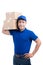 Delivery Person. Asian postman with parcel box. Postal delivery