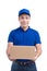 Delivery Person. Asian postman with parcel box. Postal delivery