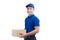 Delivery Person. Asian postman with parcel box. Postal delivery