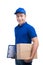 Delivery Person. Asian postman with parcel box. Postal delivery