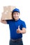 Delivery Person. Asian postman with parcel box thumps up.