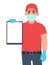 Delivery person or courier in mask and gloves showing blank clipboard. Man holding note pad. Male character design. Corona virus