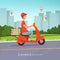 Delivery pizza background. Fresh food fast delivery man red motorcycle perfect business service urban landscape. Vector