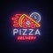 Delivery pizza neon sign. Logo in neon style, light banner, luminous symbol, bright night neon advertising food delivery