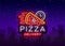 Delivery pizza neon sign. Logo in neon style, light banner, luminous symbol, bright night neon advertising food delivery