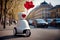 delivery robot carries gifts for Valentine\\\'s Day or Birthday and heart-shaped balloons