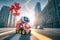 delivery robot carries gifts for Valentine\\\'s Day or Birthday and heart-shaped balloons